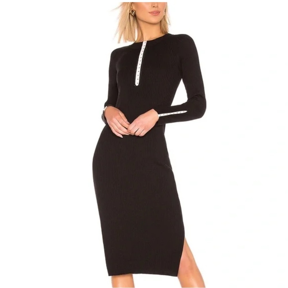 Rag & Bone Black Ribbed Knit Long Sleeve Midi Dress Corset Detail Stretch Fab